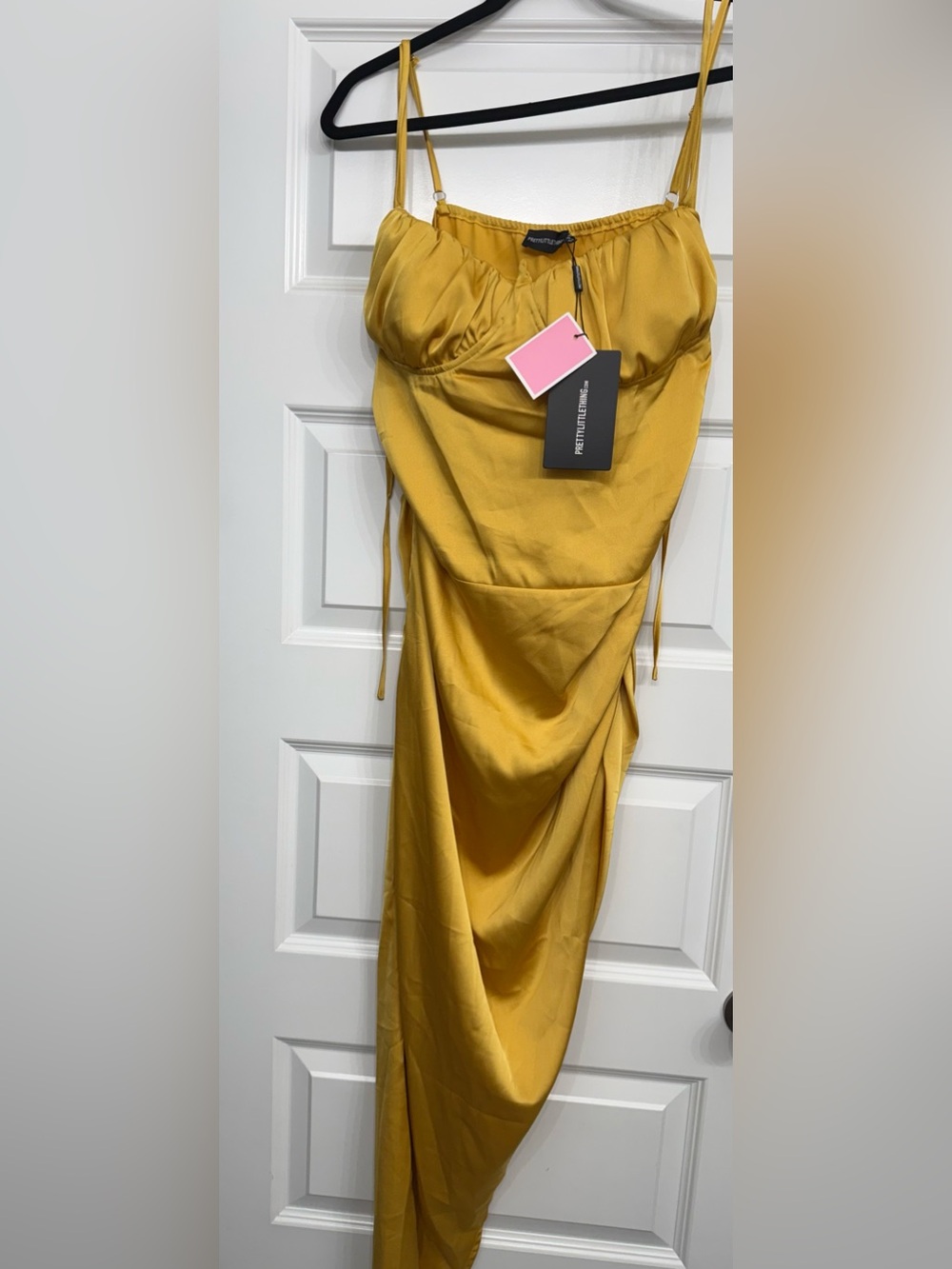 PrettyLittleThing Mustard Gold Satin underwired ruched dress